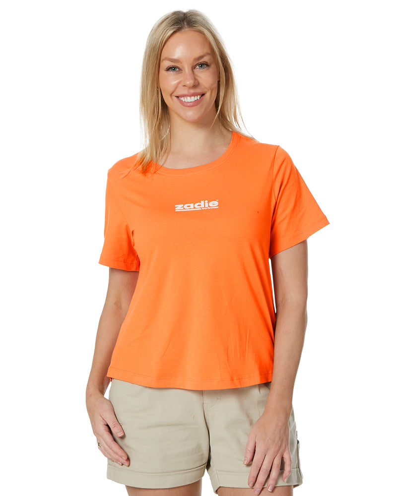 Front view of an orange workwear tee, highlighting its casual yet professional look.