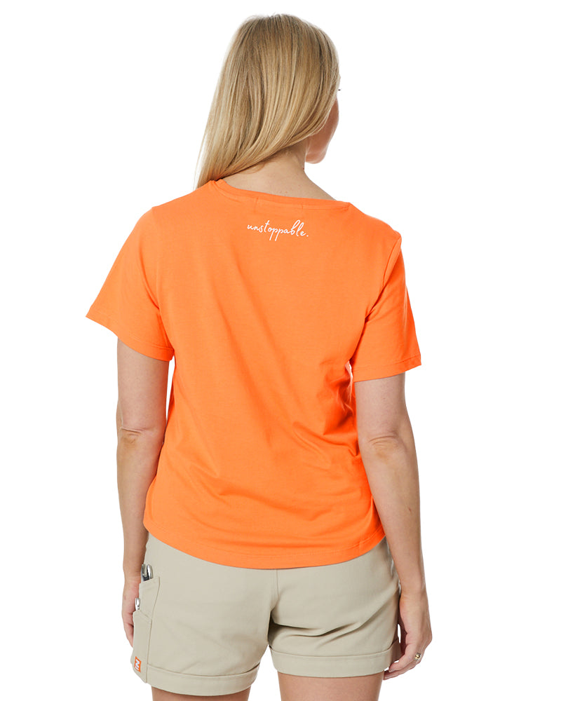 Orange short-sleeve tee lwith a focus on its design and seams.