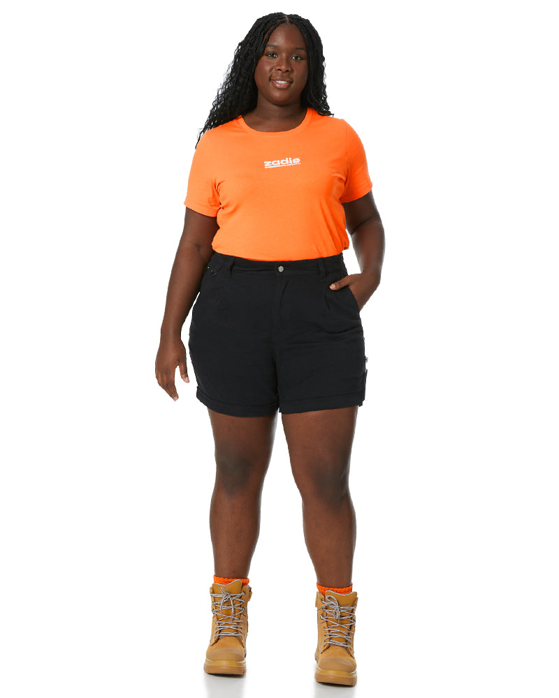 Close-up of a vibrant orange tee with detailed stitching.