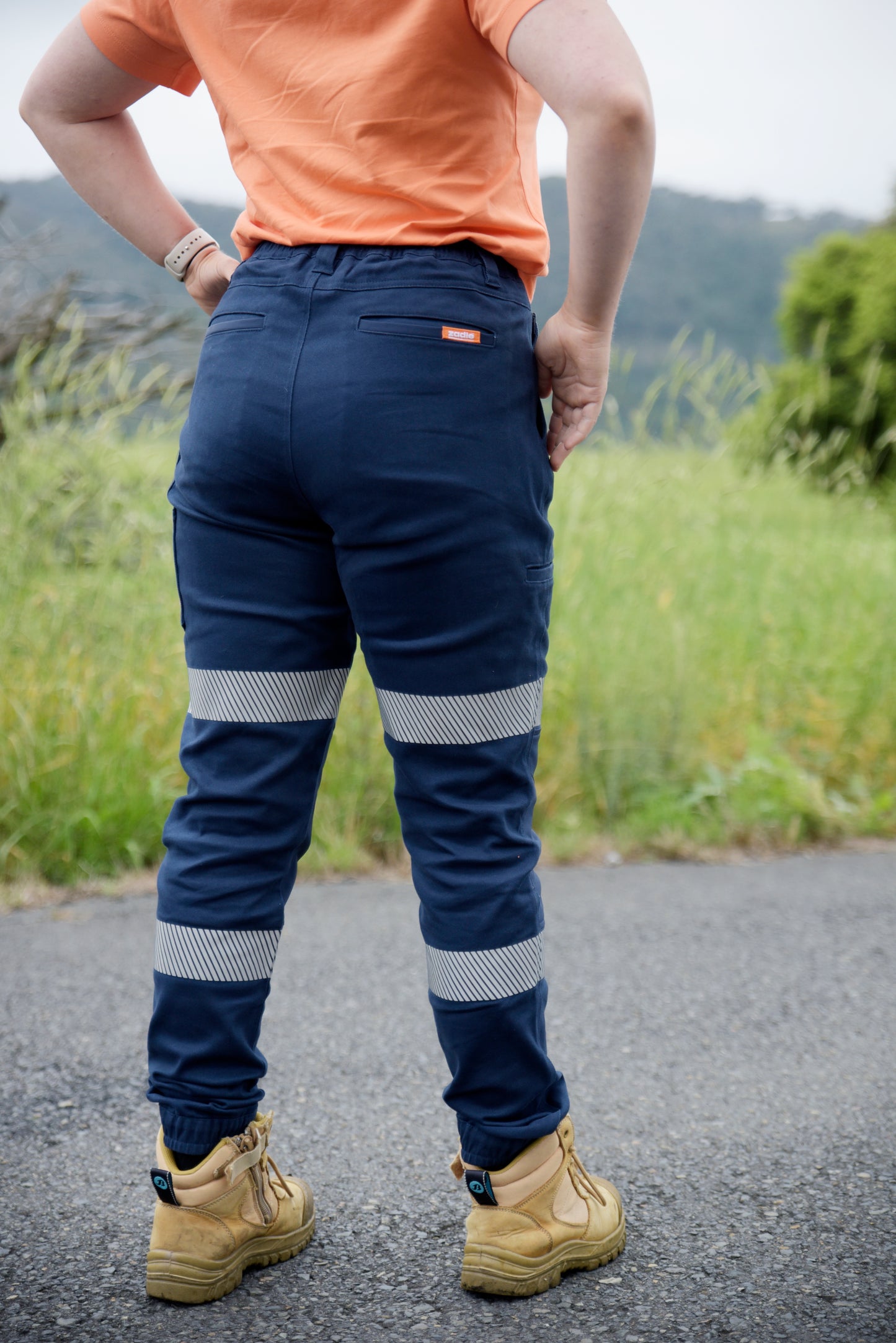Detailed shot of Zadie workwear pants showcasing craftsmanship.