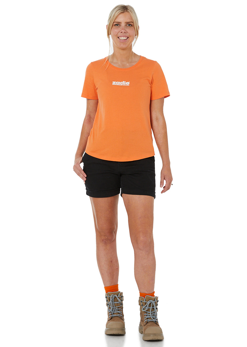 Front view of an orange workwear tee, highlighting its casual yet professional look.