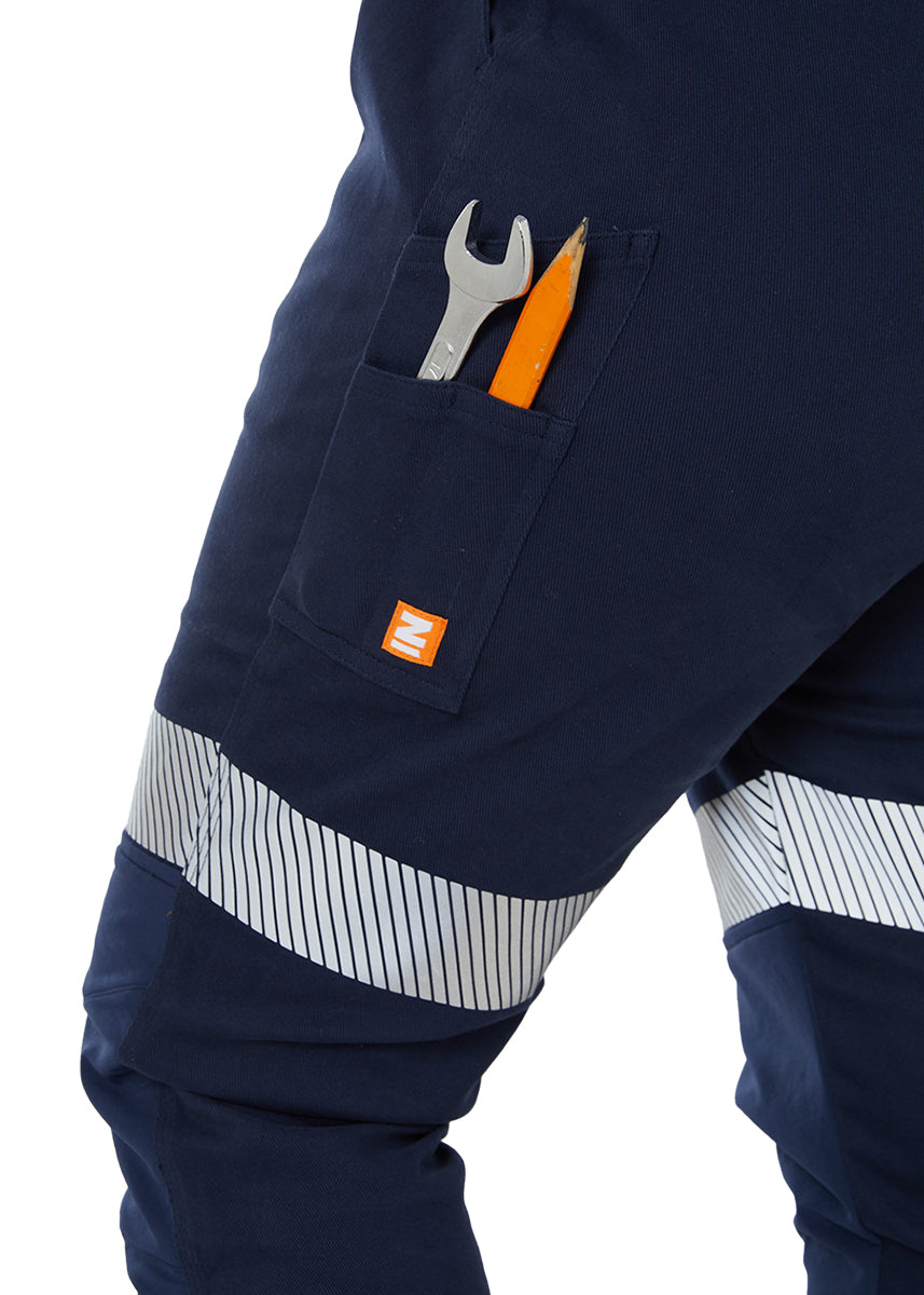 The Workz navy-taped pants in size 10, showcasing high-quality stitching.