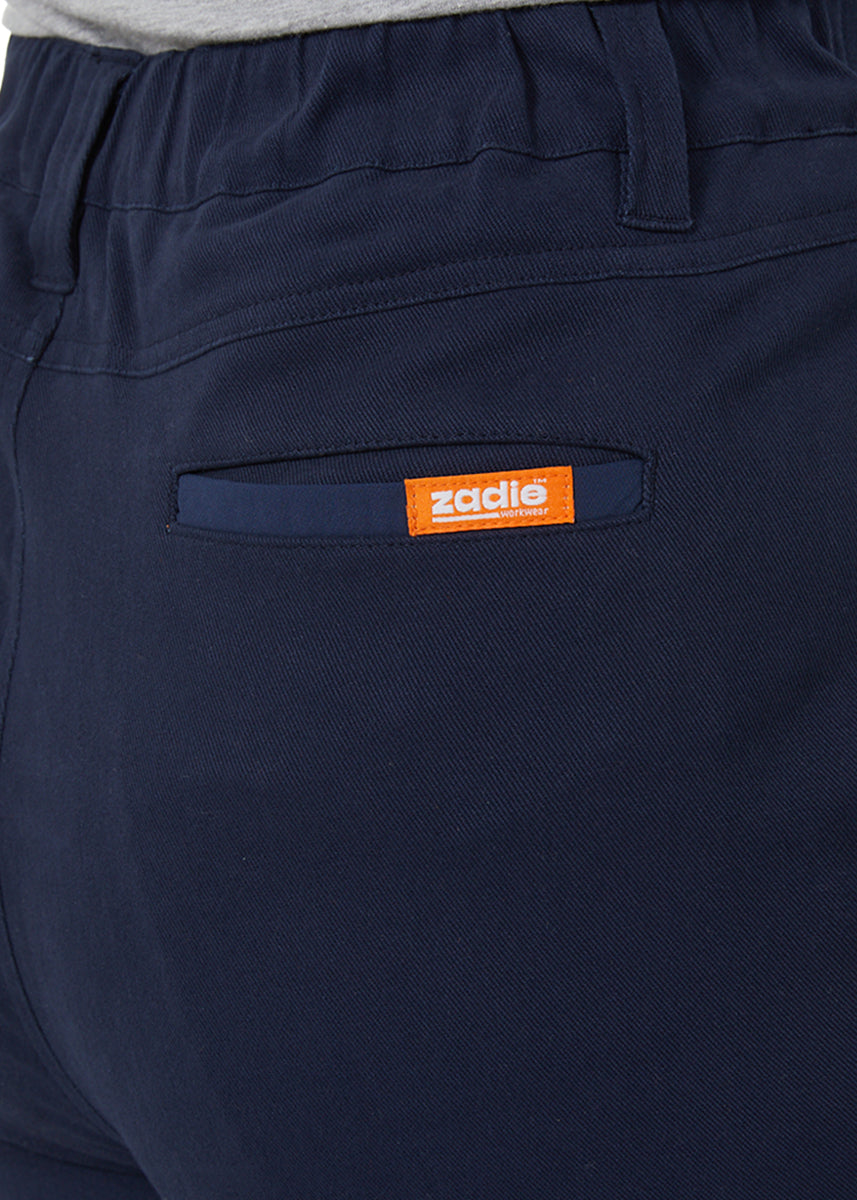 The Workz navy-taped pants in size 6, neatly displayed for promotion.