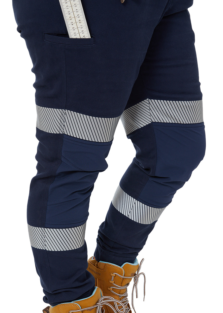 Zadie Workwear's 'The Workz' navy taped women's work pants with reflective strips.