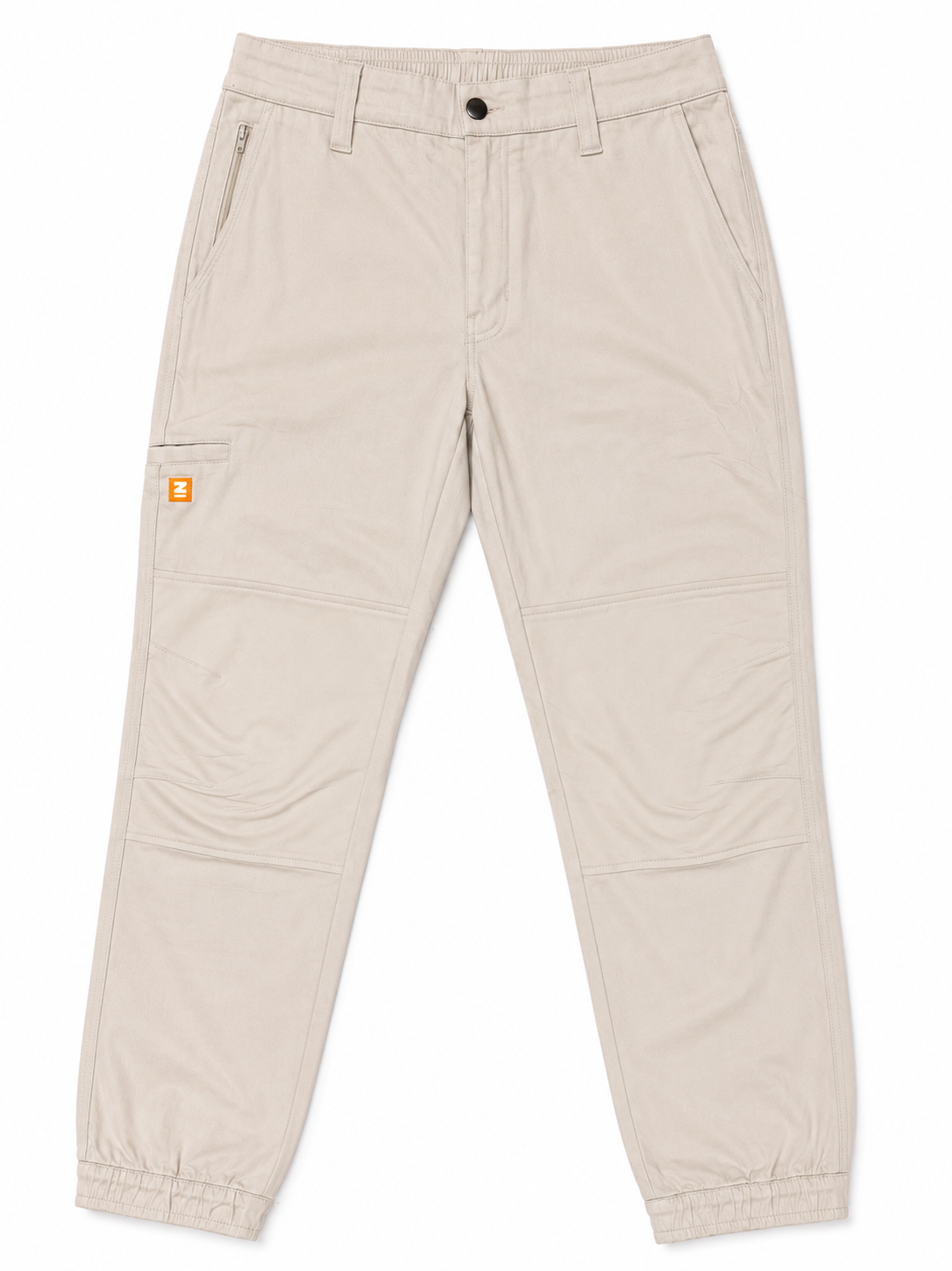 Beige workwear pants with multiple zippered pockets and elastic cuffs, shown flat on a white background.