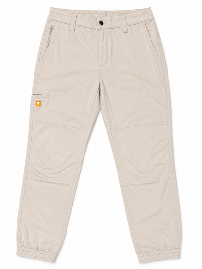 Beige workwear pants with multiple zippered pockets and elastic cuffs, shown flat on a white background.