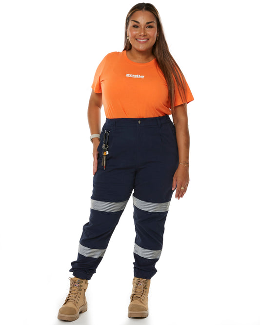 Navy-blue taped workwear jacket designed for high-visibility safety.